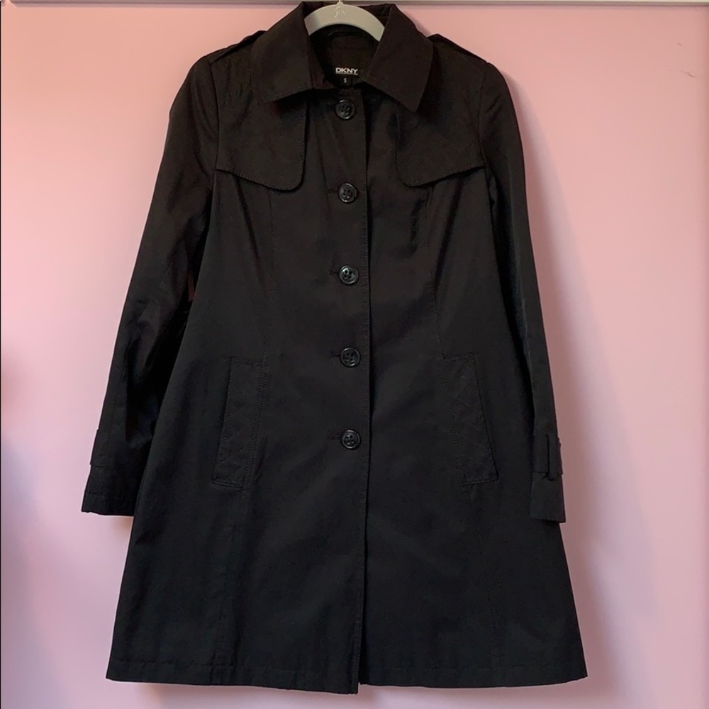 Used once. DKNY black trench coat. Rain coat.